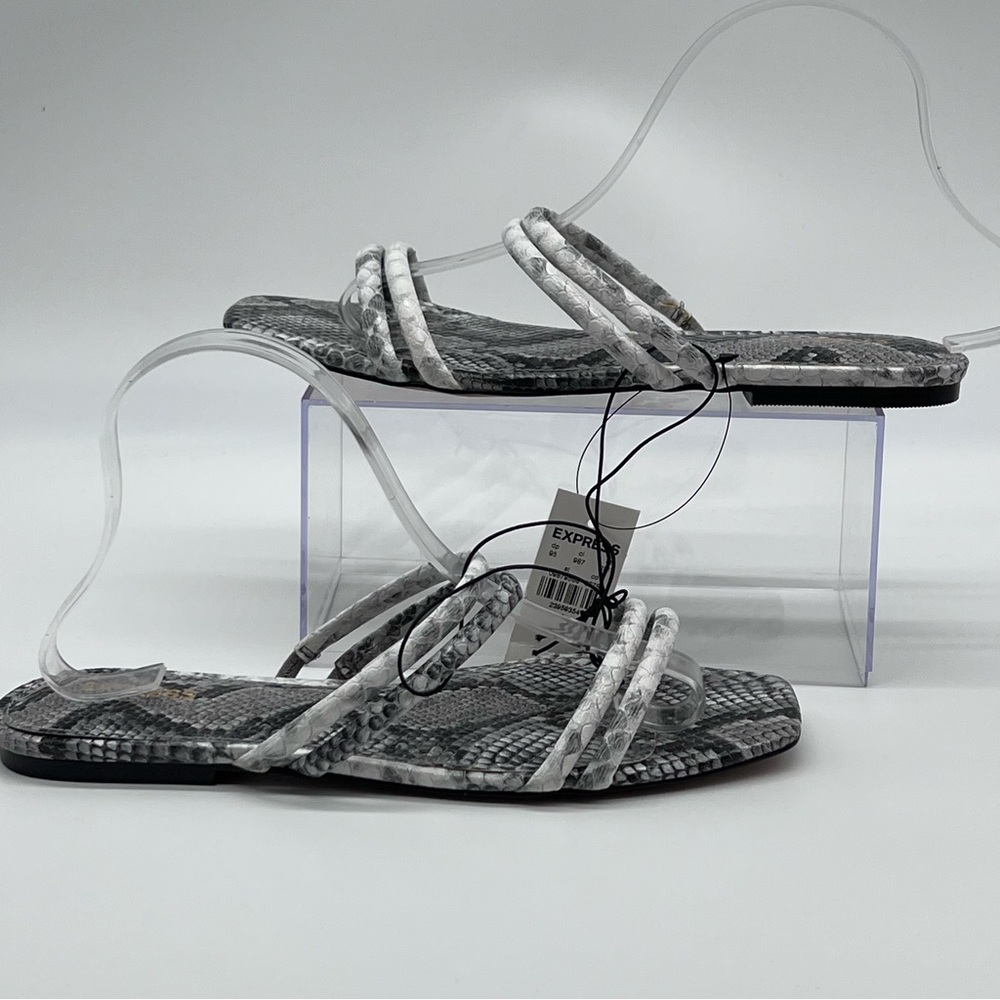 Express Women's Vegan Leather Black and Gray Snake Pattern Sandals-Size 9